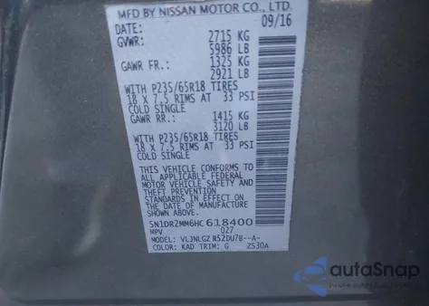 2017 Nissan Pathfinder Sl z USA, uszkodzony, nr VIN 5N1DR2MM6HC618400